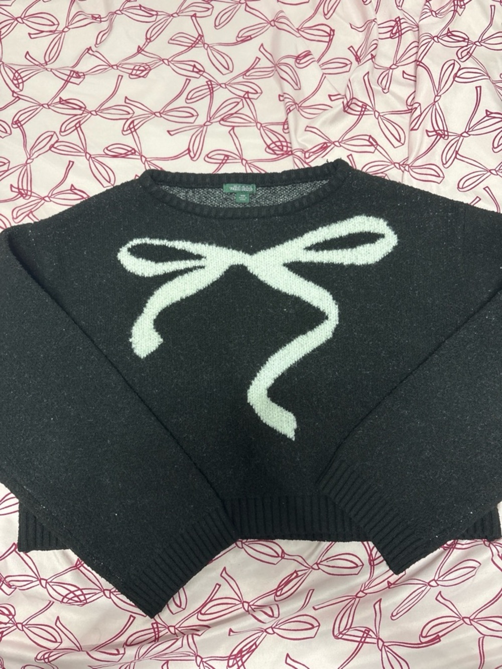 wild fable Black Crewneck Sweater with White Bow Graphic